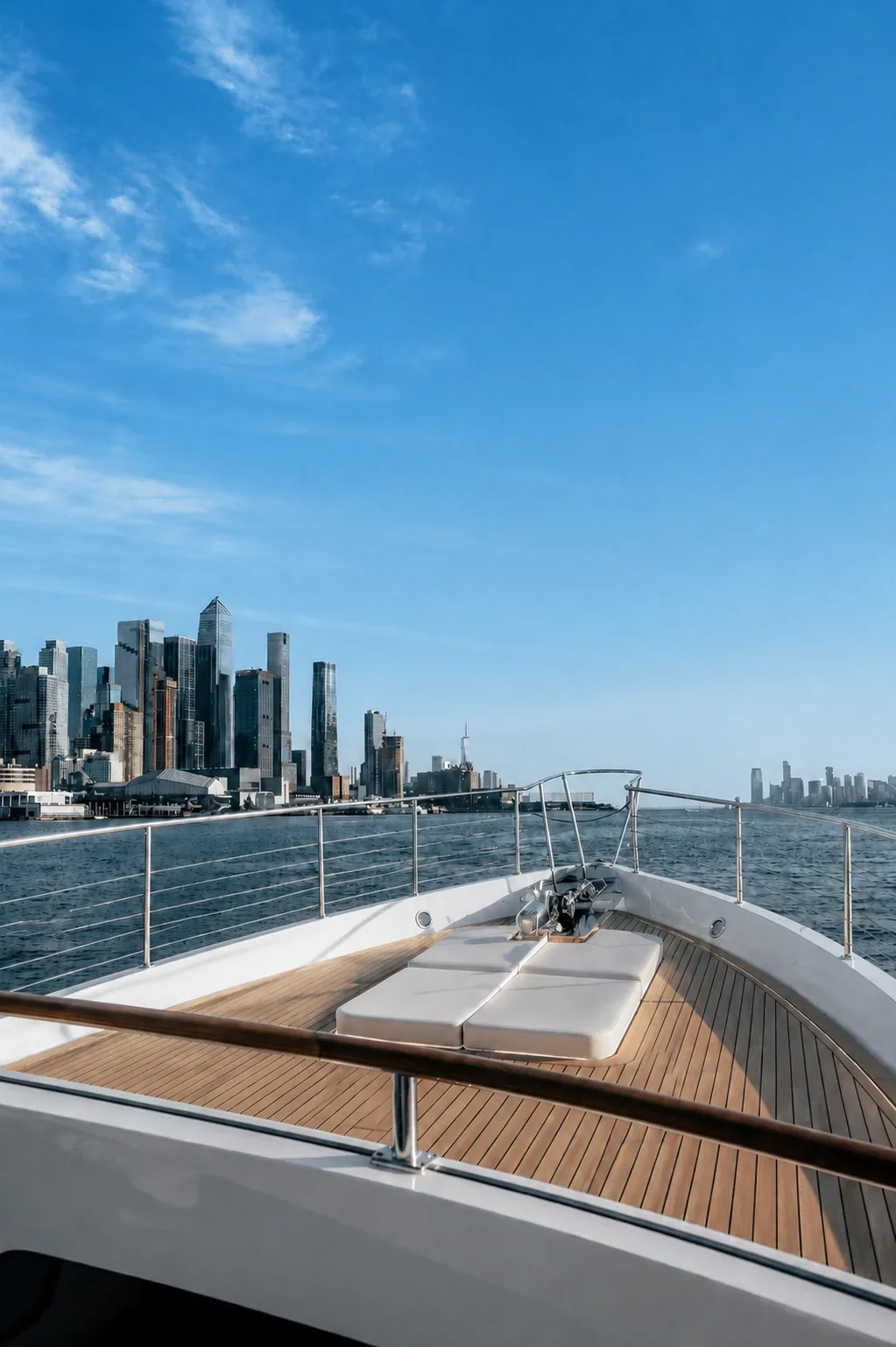 The teak foredeck of a yacht, with the New York skyline beyond
