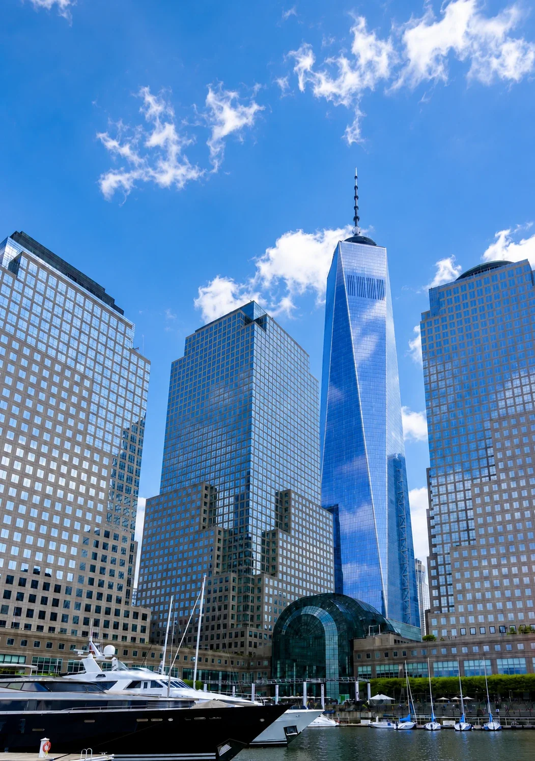 Yachts moored at North Cove Marina below the Lower Manhattan skyline and One World Trade Center