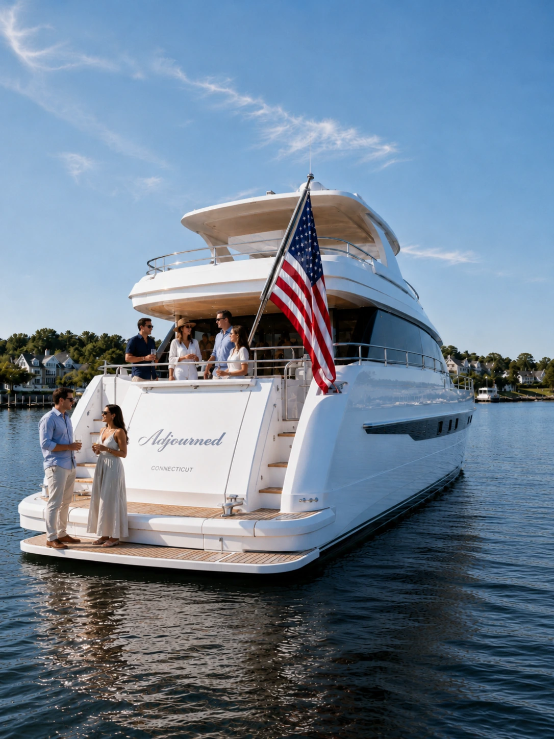 A motor yacht at anchor on a calm New England afternoon