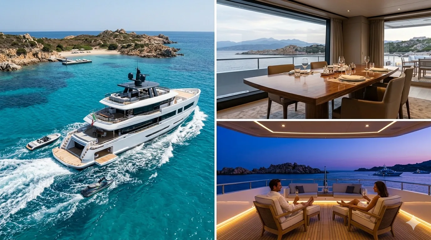 A superyacht at anchor, its dining salon, and guests aboard at dusk