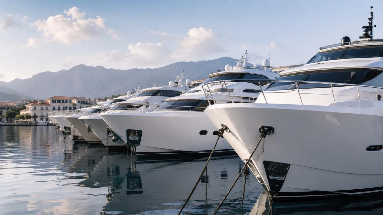 A row of motor yachts moored in a marina, mountains beyond