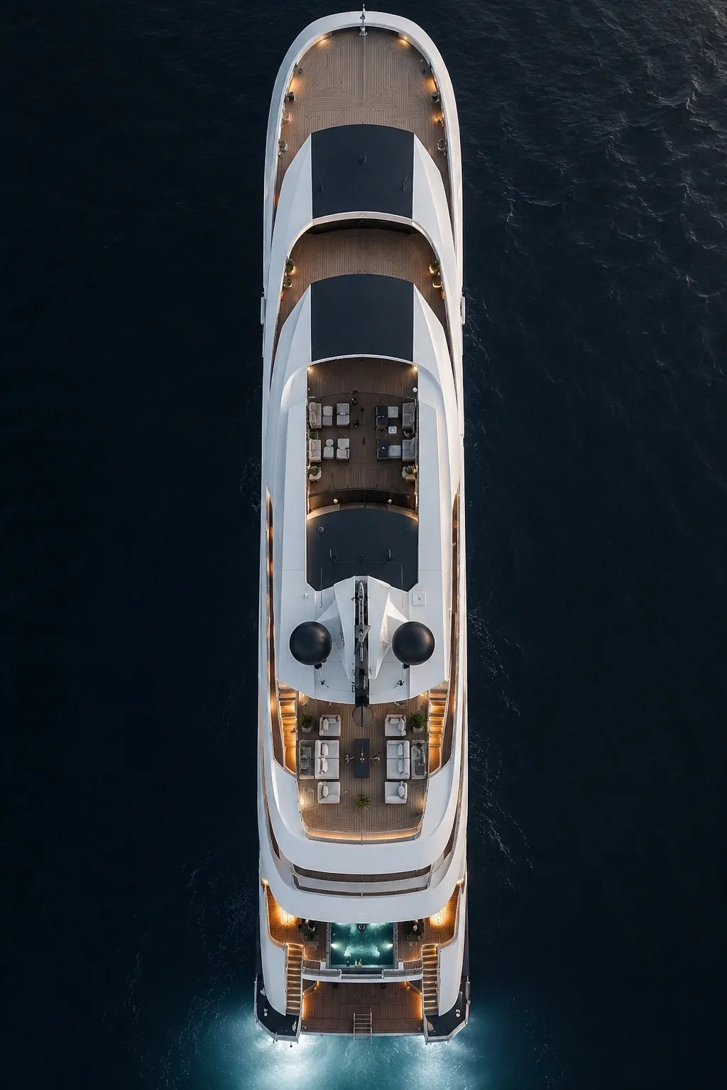 An aerial view of a superyacht lit against dark water at dusk