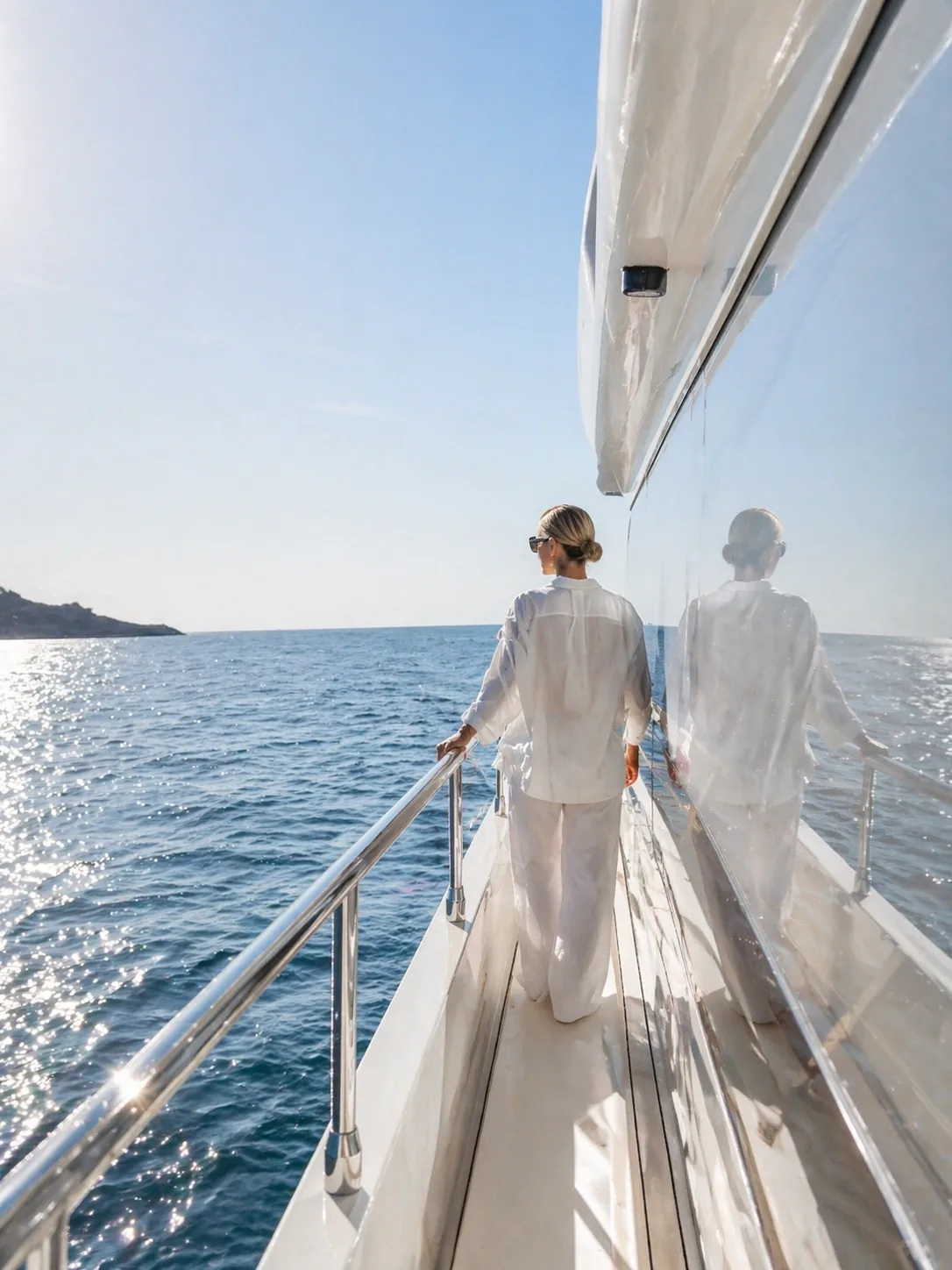 A guest walking the side deck of a yacht in golden-hour light