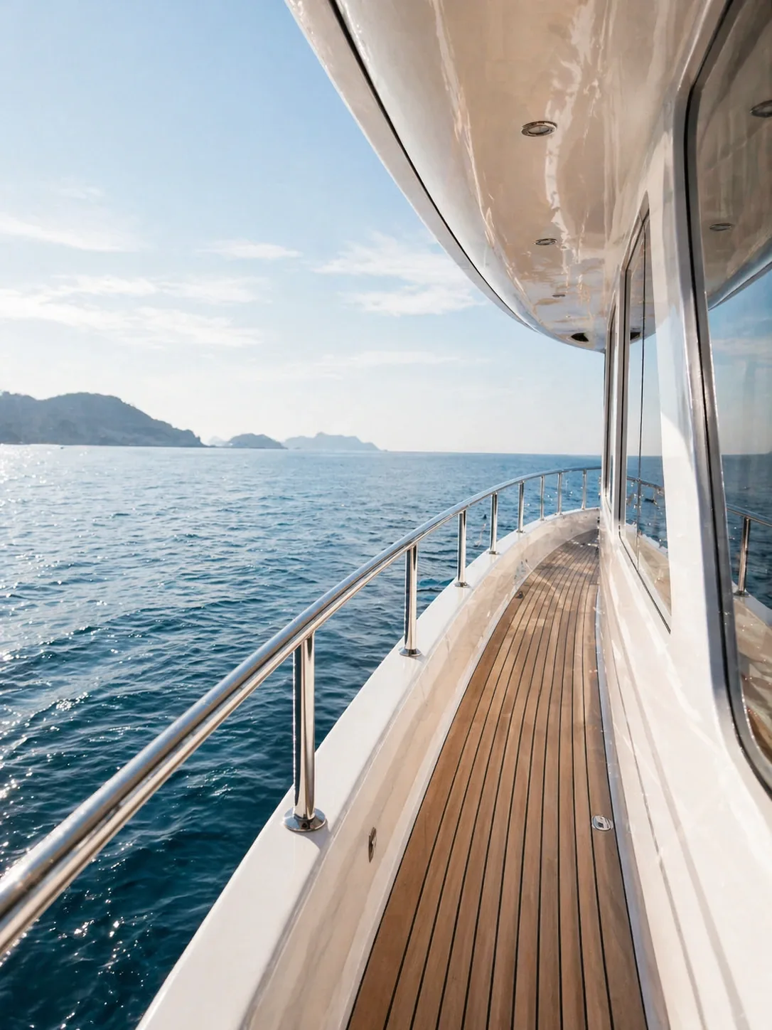 The teak side deck of a yacht, open sea beyond