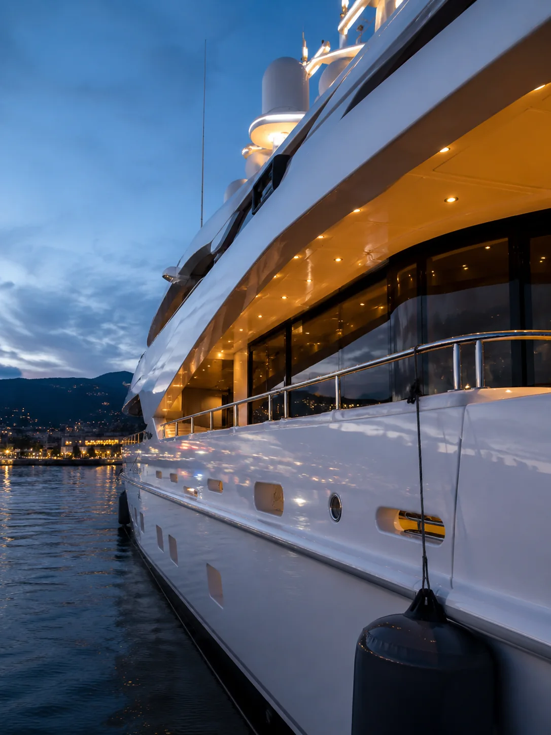 A superyacht moored at dusk, its cabins warmly lit above calm water