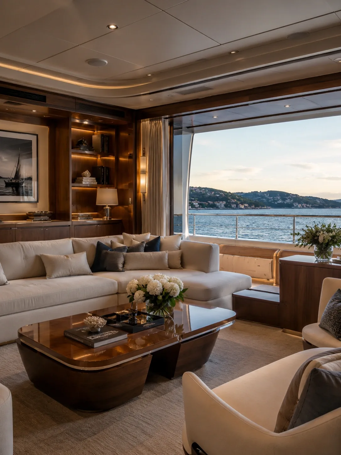 The main salon of a private yacht at dusk, with coastal views beyond